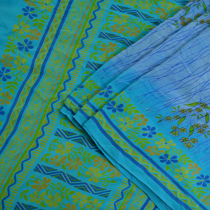 Indian Vintage Blue Saree Pure Crepe Silk Printed Sari 5yd Sewing Floral Soft Craft Fabric Wrap Dress making Crafting Quilting Upcycle