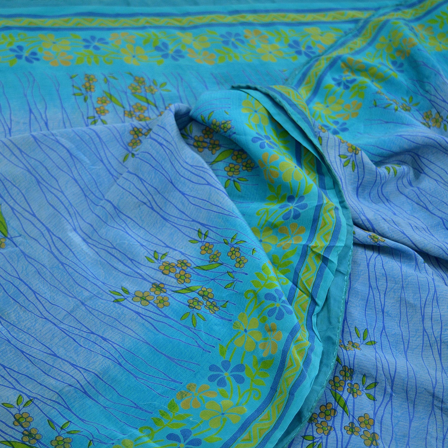 Indian Vintage Blue Saree Pure Crepe Silk Printed Sari 5yd Sewing Floral Soft Craft Fabric Wrap Dress making Crafting Quilting Upcycle