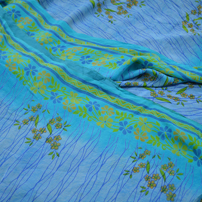 Indian Vintage Blue Saree Pure Crepe Silk Printed Sari 5yd Sewing Floral Soft Craft Fabric Wrap Dress making Crafting Quilting Upcycle