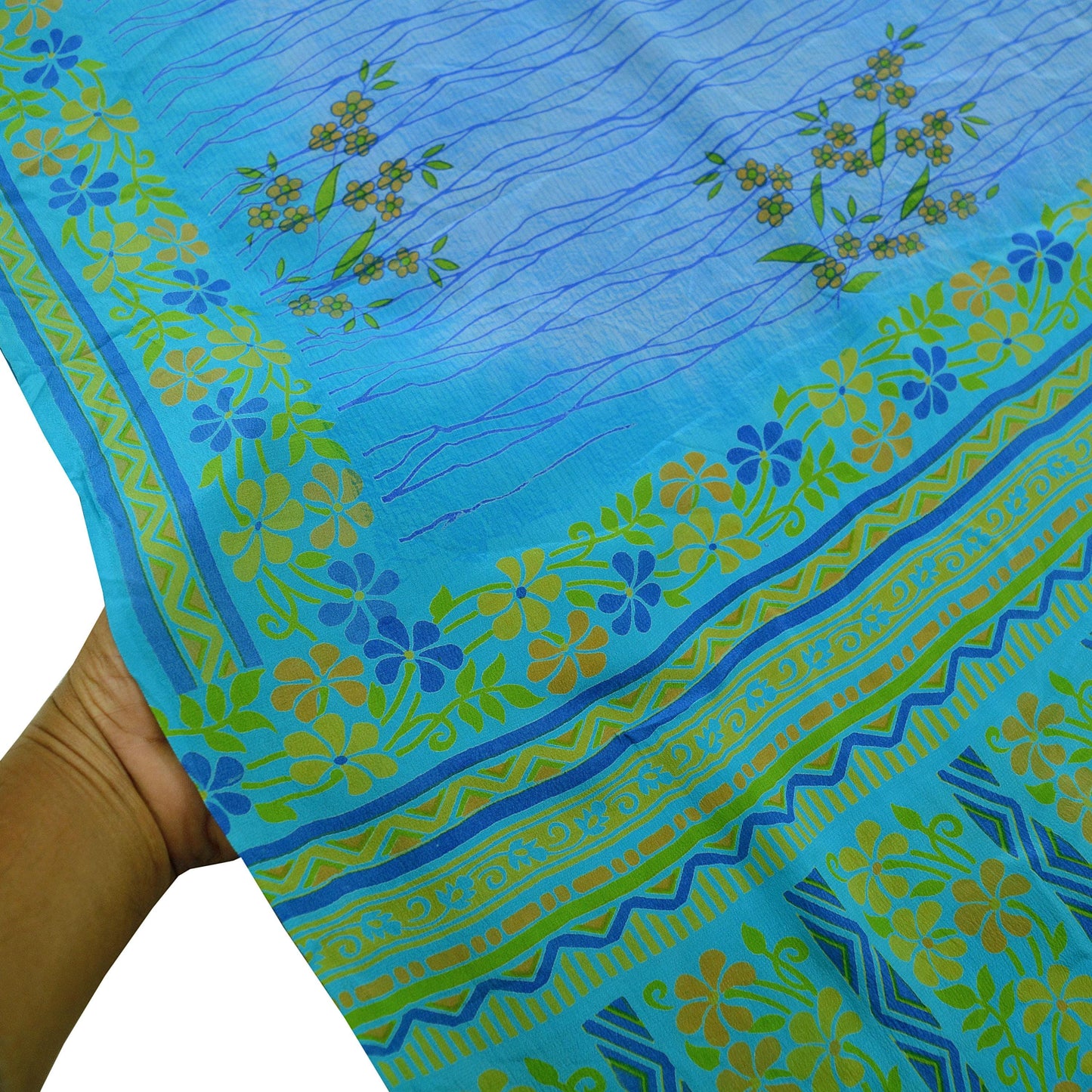 Indian Vintage Blue Saree Pure Crepe Silk Printed Sari 5yd Sewing Floral Soft Craft Fabric Wrap Dress making Crafting Quilting Upcycle