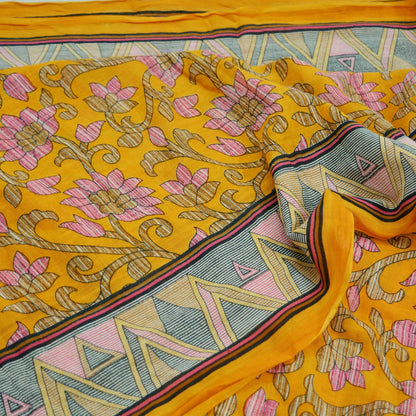 Indian Vintage Sari Yellow Printed 100% Pure Cotton Saree Craft Fabric 5Yd Soft Sewing Sarong Wrap Boho Dress Making Crafting Quilting