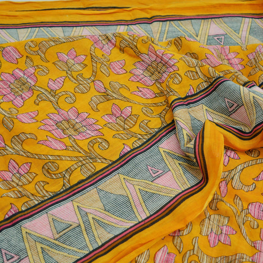 Indian Vintage Sari Yellow Printed 100% Pure Cotton Saree Craft Fabric 5Yd Soft Sewing Sarong Wrap Boho Dress Making Crafting Quilting