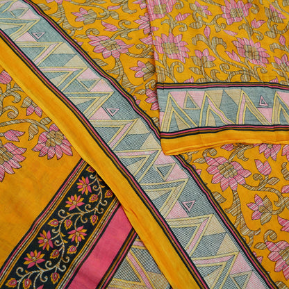 Indian Vintage Sari Yellow Printed 100% Pure Cotton Saree Craft Fabric 5Yd Soft Sewing Sarong Wrap Boho Dress Making Crafting Quilting