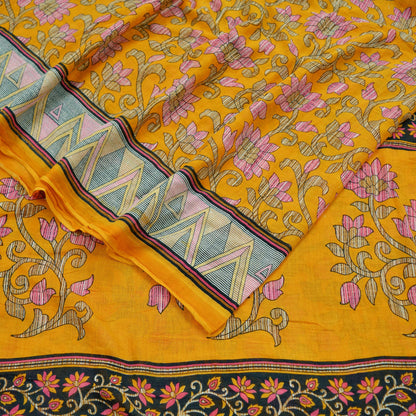 Indian Vintage Sari Yellow Printed 100% Pure Cotton Saree Craft Fabric 5Yd Soft Sewing Sarong Wrap Boho Dress Making Crafting Quilting