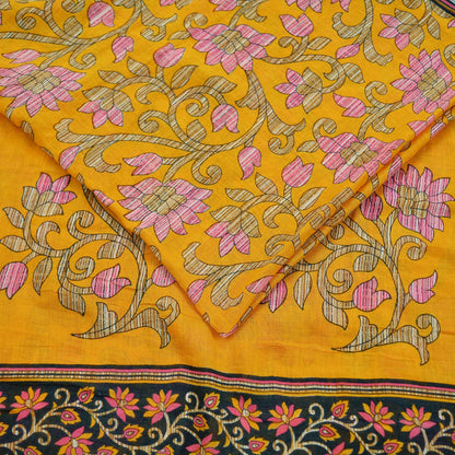 Indian Vintage Sari Yellow Printed 100% Pure Cotton Saree Craft Fabric 5Yd Soft Sewing Sarong Wrap Boho Dress Making Crafting Quilting