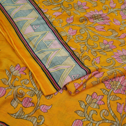 Indian Vintage Sari Yellow Printed 100% Pure Cotton Saree Craft Fabric 5Yd Soft Sewing Sarong Wrap Boho Dress Making Crafting Quilting