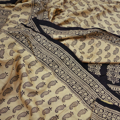 Indian Vintage Sari Black & Beige Pure Silk Printed Sarees Craft Fabric 6yd Sewing Dress Making Soft Paisley Quilting Upcycle Crafting