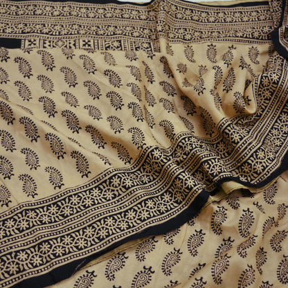 Indian Vintage Sari Black & Beige Pure Silk Printed Sarees Craft Fabric 6yd Sewing Dress Making Soft Paisley Quilting Upcycle Crafting