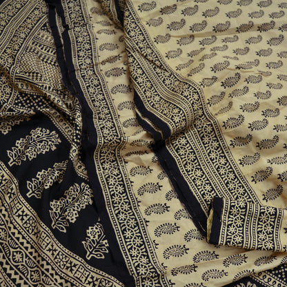 Indian Vintage Sari Black & Beige Pure Silk Printed Sarees Craft Fabric 6yd Sewing Dress Making Soft Paisley Quilting Upcycle Crafting