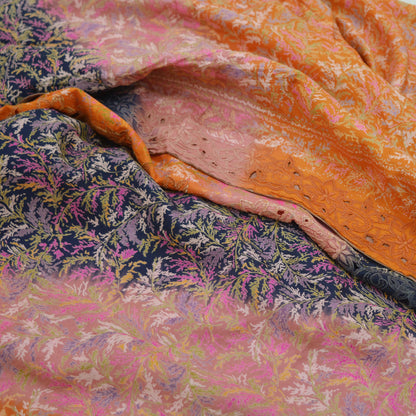 Indian Vintage Sari Orange & Blue 100% Pure Silk Printed Sarees 5yd Sewing Floral Soft Craft Fabric Dress Making Crafting Quilting Upcycle