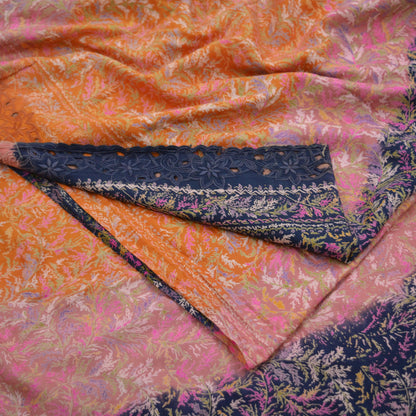 Indian Vintage Sari Orange & Blue 100% Pure Silk Printed Sarees 5yd Sewing Floral Soft Craft Fabric Dress Making Crafting Quilting Upcycle