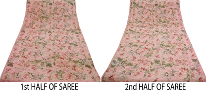 Women Vintage Sari Peach Pure Chiffon Silk Digital Printed Sarees Craft Fabric Sewing 5Yd Soft Light Sari Dress Making Floral