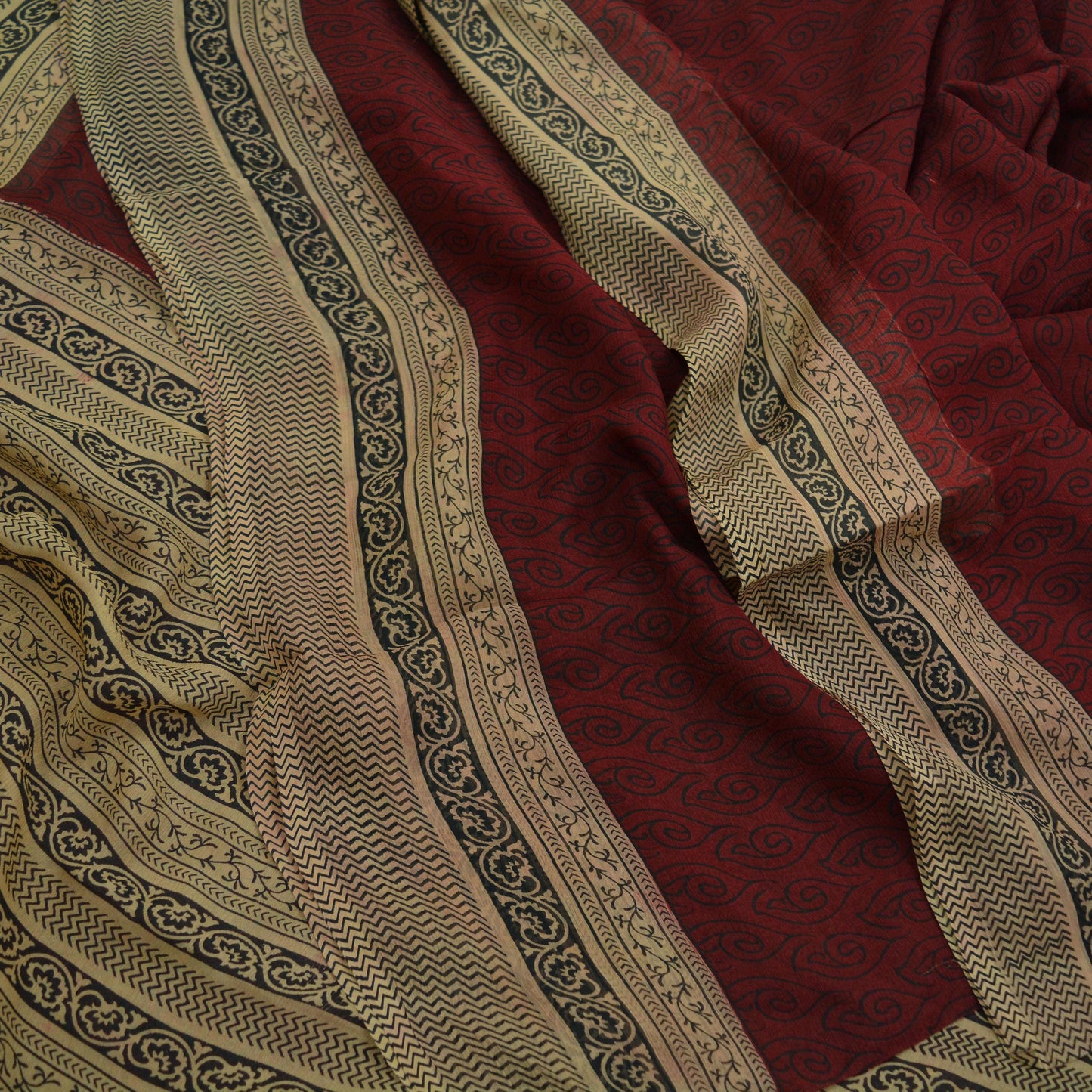 Women Vintage Sari Beige & Maroon Pure Chiffon Silk Printed Sarees Craft Fabric Sewing 6Yd Soft Light Sari Dress Making