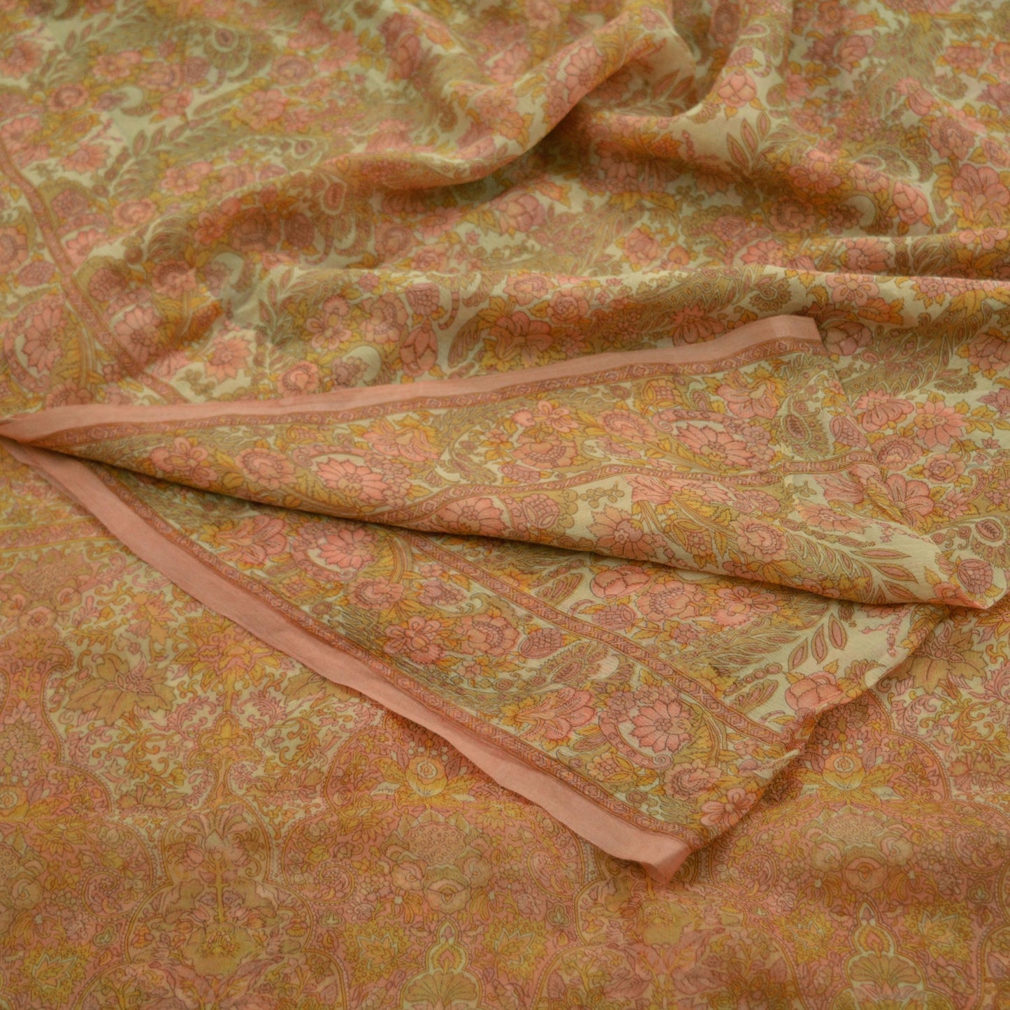 Women Vintage Sari Beige Pure Chiffon Silk Printed Sarees Craft Fabric Sewing 5Yd Soft Dress Making Floral Crafting Quilting Upcycle Used