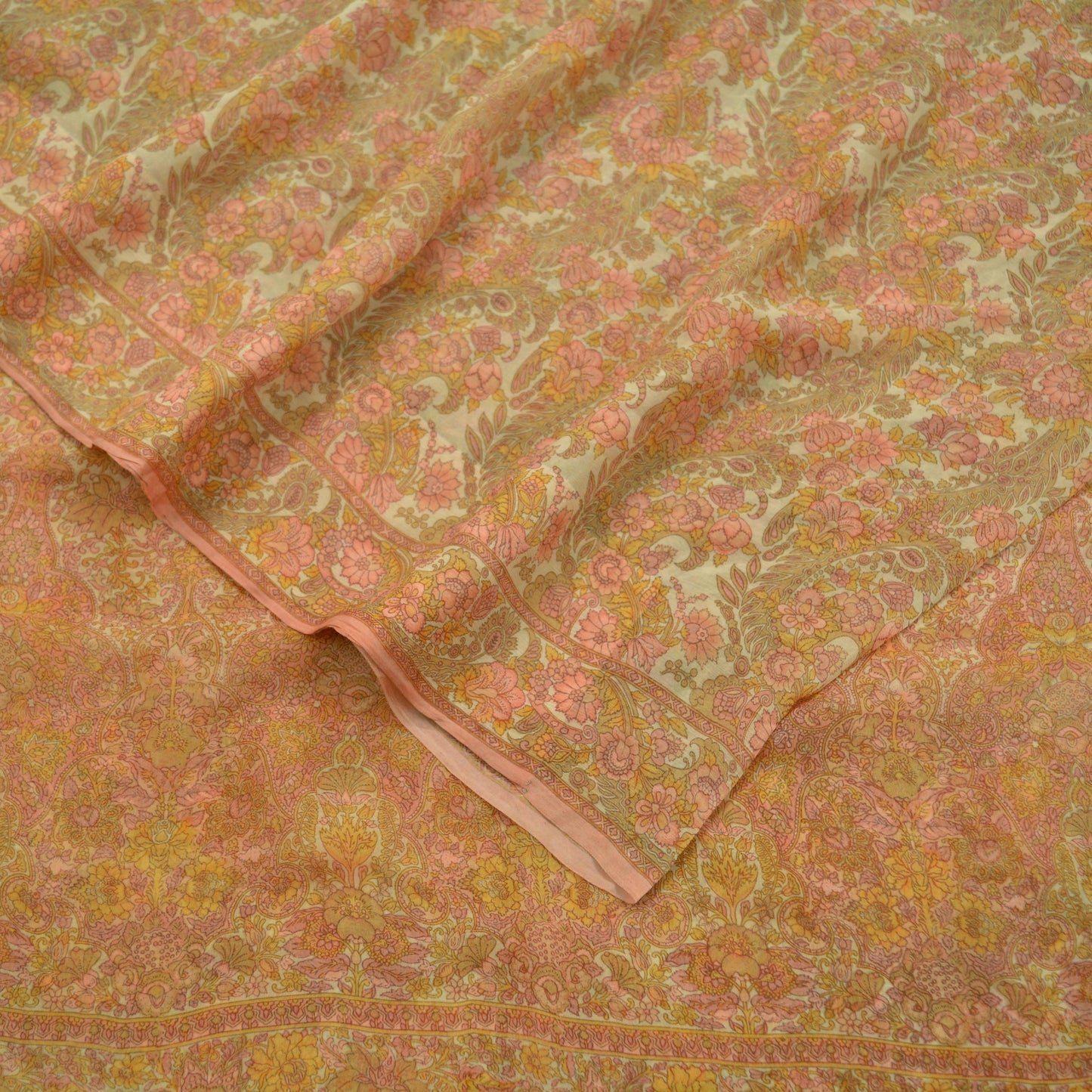 Women Vintage Sari Beige Pure Chiffon Silk Printed Sarees Craft Fabric Sewing 5Yd Soft Dress Making Floral Crafting Quilting Upcycle Used