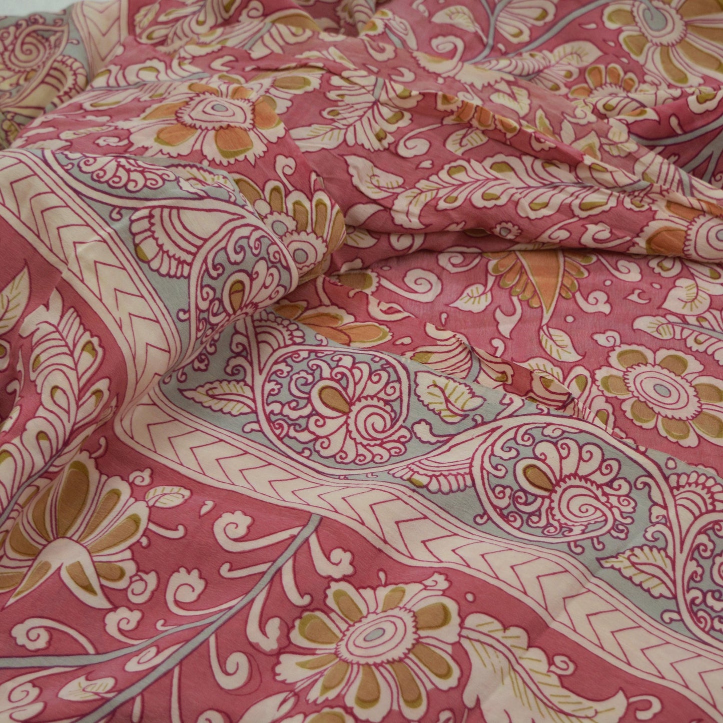 Indian Vintage Sari Pink Pure Crepe Silk Kalamkari Printed Sarees Craft Fabric 5yd Sewing Soft Ethnic Wrap Dress Making Crafting Quilting