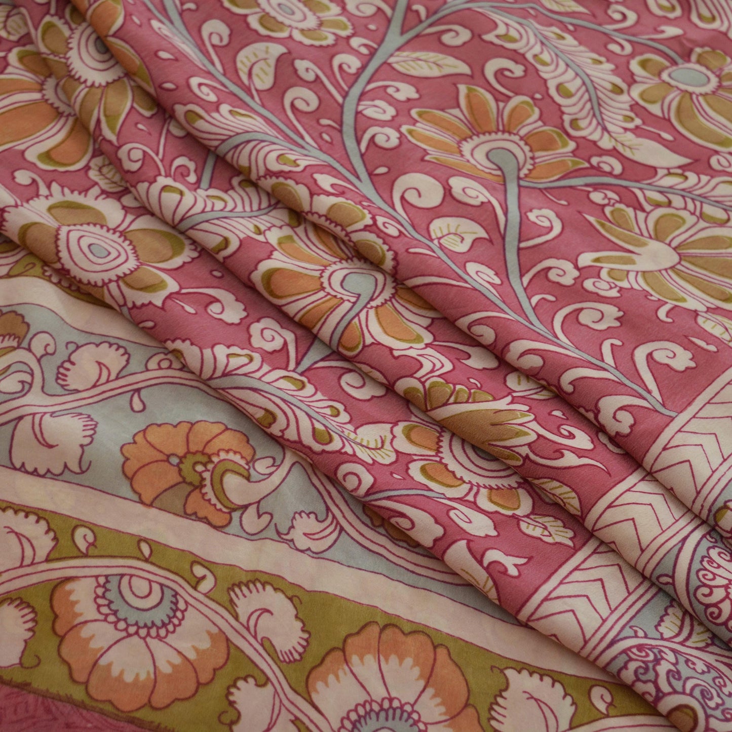 Indian Vintage Sari Pink Pure Crepe Silk Kalamkari Printed Sarees Craft Fabric 5yd Sewing Soft Ethnic Wrap Dress Making Crafting Quilting