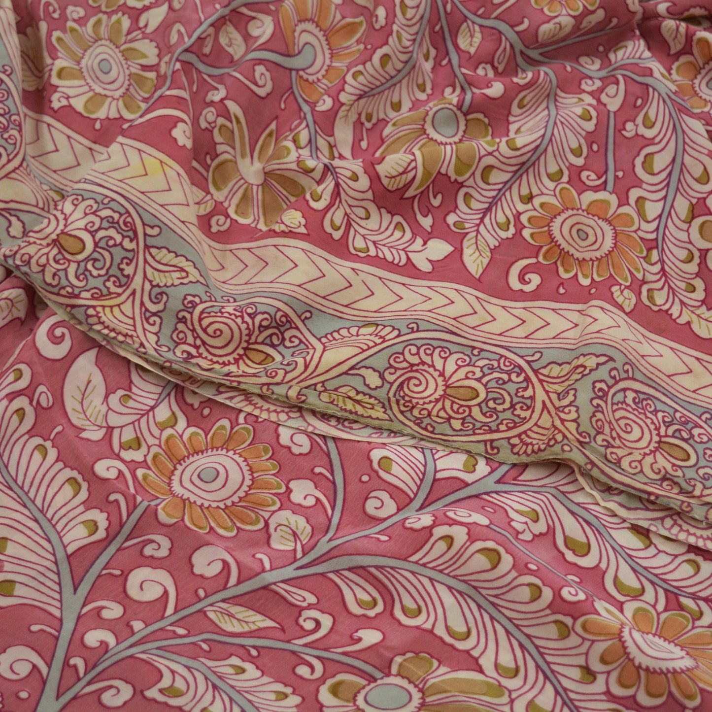 Indian Vintage Sari Pink Pure Crepe Silk Kalamkari Printed Sarees Craft Fabric 5yd Sewing Soft Ethnic Wrap Dress Making Crafting Quilting