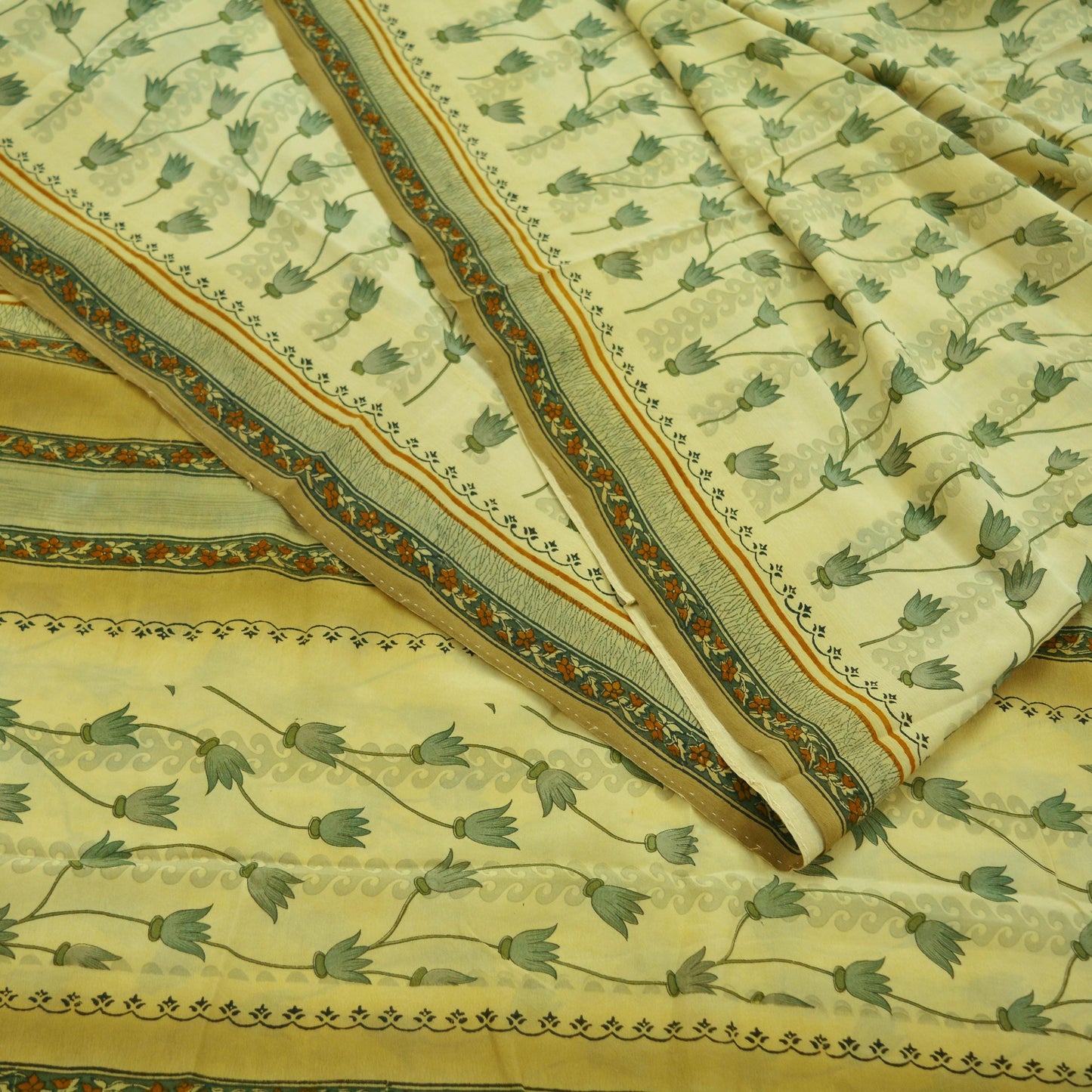 Indian Vintage Sari Ivory & Green Pure Crepe Silk Printed Saree 5yd Sewing Floral Soft Craft Fabric Wrap Dress Making Crafting Quilting