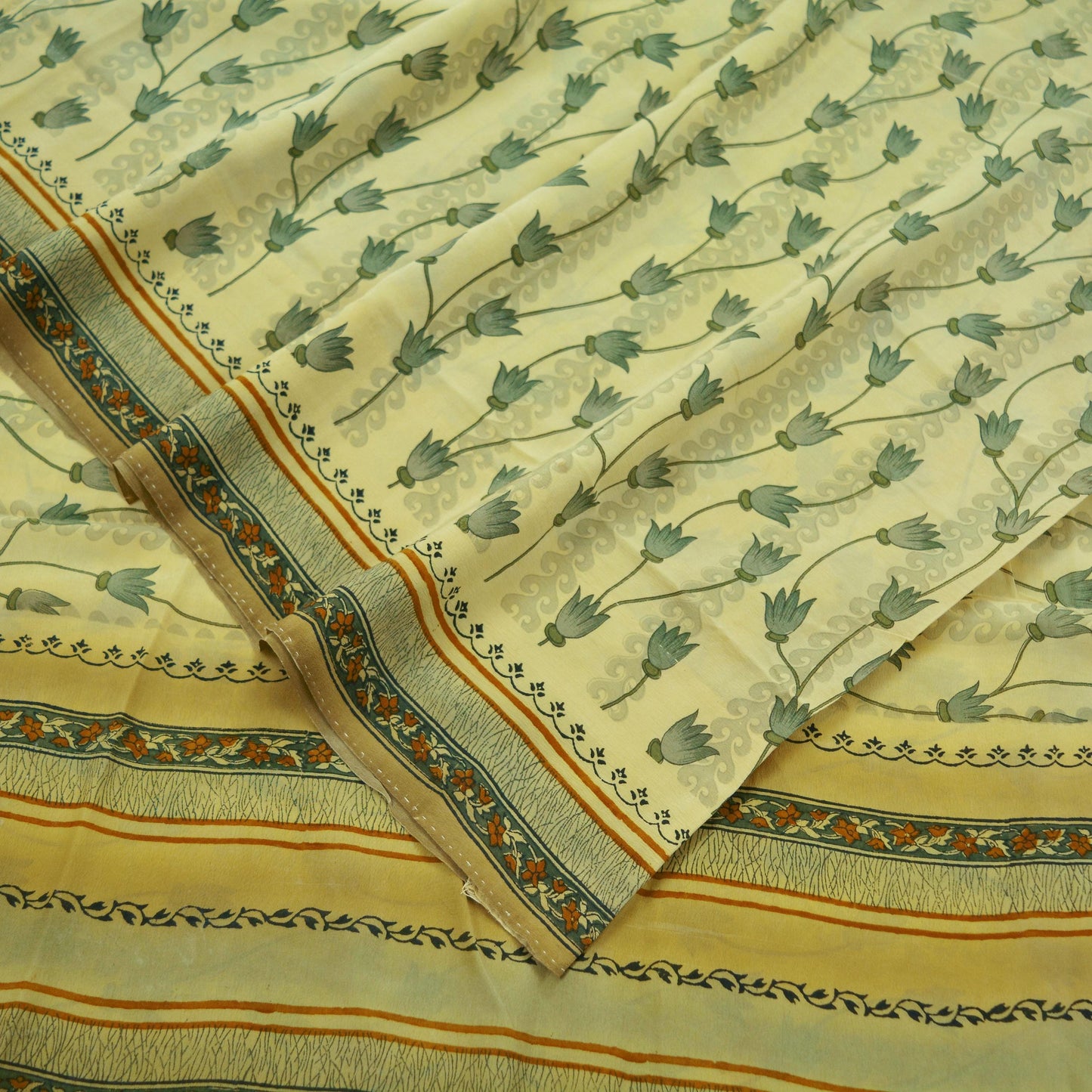 Indian Vintage Sari Ivory & Green Pure Crepe Silk Printed Saree 5yd Sewing Floral Soft Craft Fabric Wrap Dress Making Crafting Quilting