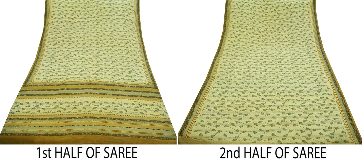 Indian Vintage Sari Ivory & Green Pure Crepe Silk Printed Saree 5yd Sewing Floral Soft Craft Fabric Wrap Dress Making Crafting Quilting