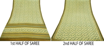 Indian Vintage Sari Ivory & Green Pure Crepe Silk Printed Saree 5yd Sewing Floral Soft Craft Fabric Wrap Dress Making Crafting Quilting