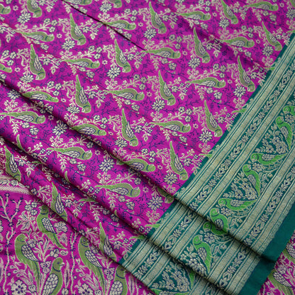 Antique Indian Vintage Rani Pink & Green Heavy Wedding Saree Pure Satin Silk Hand Woven Banarasi Brocade Sari Fabric Metallic Zari 5Yd