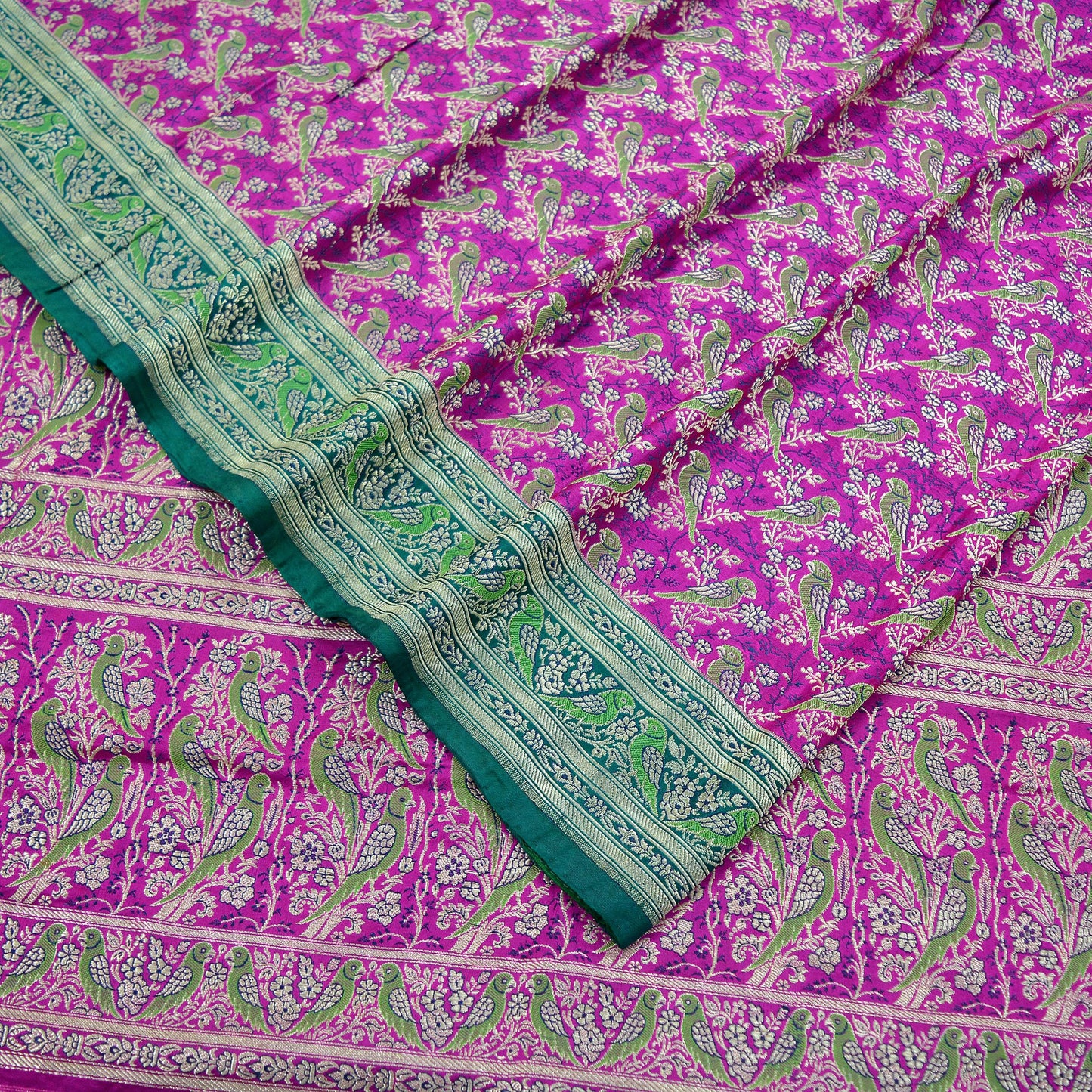 Antique Indian Vintage Rani Pink & Green Heavy Wedding Saree Pure Satin Silk Hand Woven Banarasi Brocade Sari Fabric Metallic Zari 5Yd