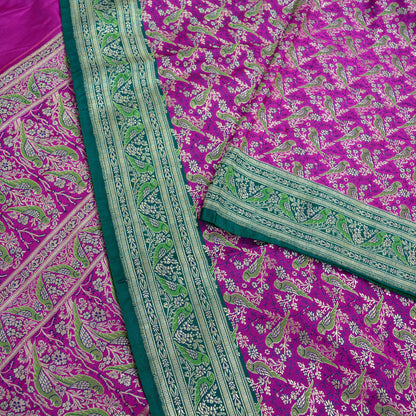 Antique Indian Vintage Rani Pink & Green Heavy Wedding Saree Pure Satin Silk Hand Woven Banarasi Brocade Sari Fabric Metallic Zari 5Yd