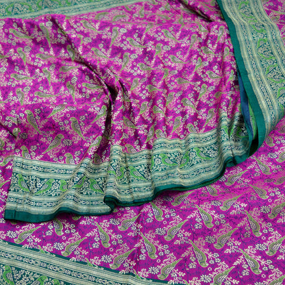 Antique Indian Vintage Rani Pink & Green Heavy Wedding Saree Pure Satin Silk Hand Woven Banarasi Brocade Sari Fabric Metallic Zari 5Yd