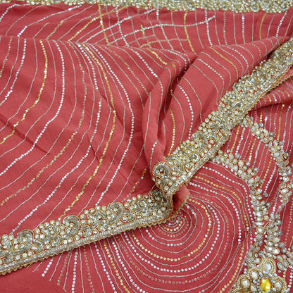 Indian Vintage Heavy Pink Saree Pure Georgette Silk Hand Beaded Sari Craft Fabric 6Yd Sewing Ethnic Zardozi/ Dabka Wedding/Bridal Sarees