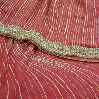 Indian Vintage Heavy Pink Saree Pure Georgette Silk Hand Beaded Sari Craft Fabric 6Yd Sewing Ethnic Zardozi/ Dabka Wedding/Bridal Sarees