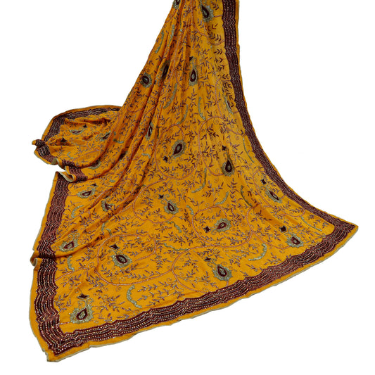 Indian Vintage Heavy Saffron Dupatta Pure silk Long Stole Hand Embroidered Hijab Scarves Veil Wrap Glass Beaded Velvet Patch