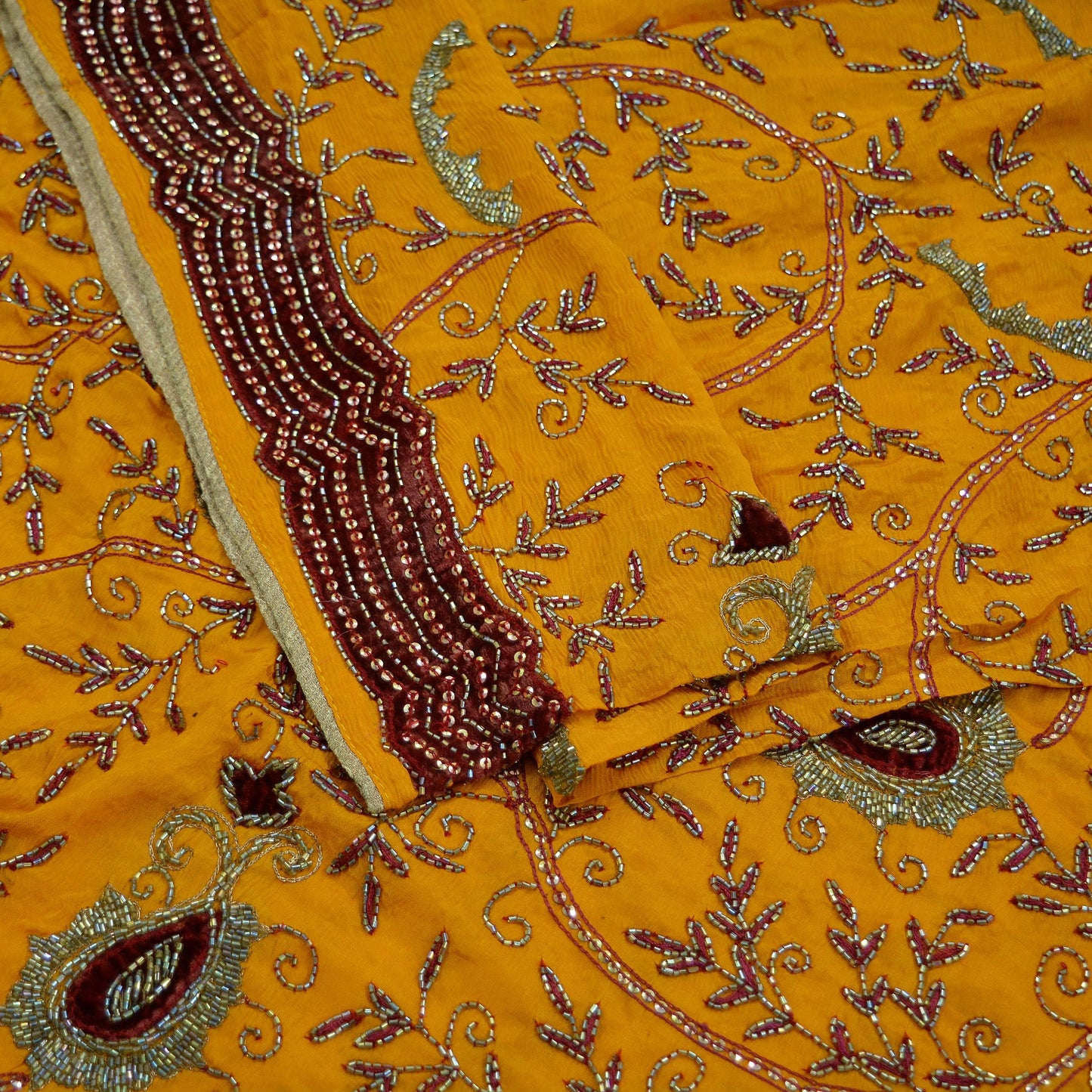 Indian Vintage Heavy Saffron Dupatta Pure silk Long Stole Hand Embroidered Hijab Scarves Veil Wrap Glass Beaded Velvet Patch