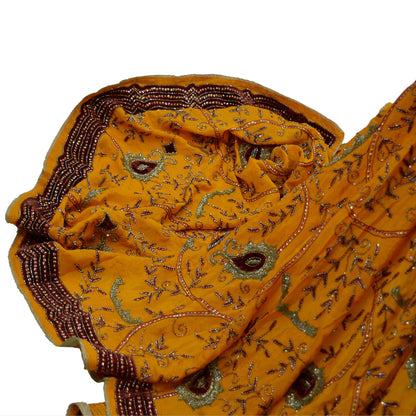 Indian Vintage Heavy Saffron Dupatta Pure silk Long Stole Hand Embroidered Hijab Scarves Veil Wrap Glass Beaded Velvet Patch