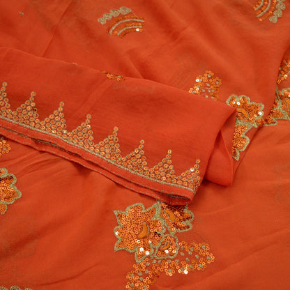 Indian Vintage Orange Dupatta Pure Georgette silk Long Stole Hand Embroidered Scarves Stole Veil Wrap Sequins