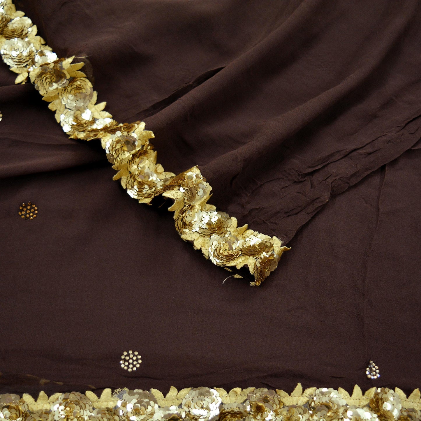 Indian Vintage Brown Dupatta Pure Georgette silk Long Stole Hand Embroidered Scarves Stole Veil Wrap Sequins