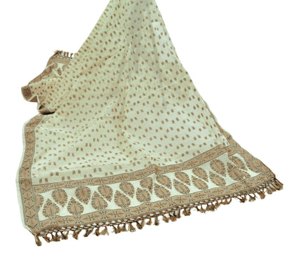 Indian Vintage White Dupatta Long Stole Woven Cotton Scarves Indian Veil Soft Floral Design Fringes