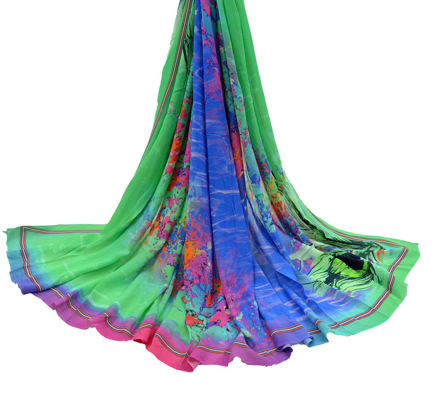 Vintage Green & Blue Dupatta Long Stole Pure Georgette Silk Digital Printed Scarves Veil Hijab Feather