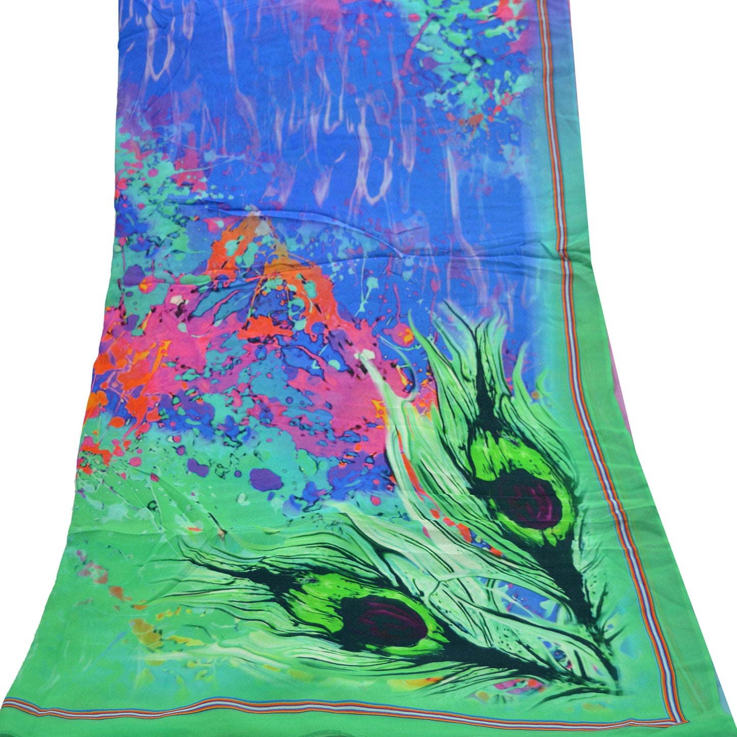 Vintage Green & Blue Dupatta Long Stole Pure Georgette Silk Digital Printed Scarves Veil Hijab Feather