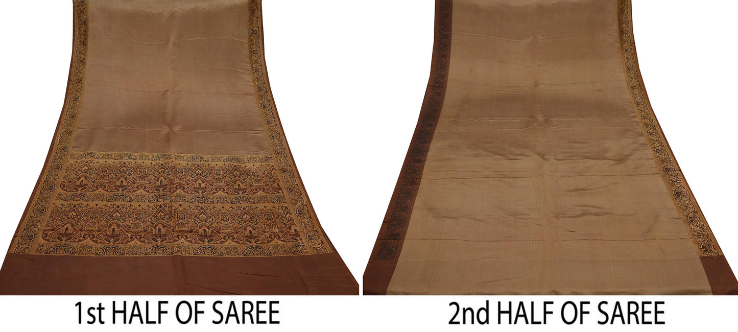 Indian Vintage Sari Brown Heavy Wedding Pure Satin Silk Woven Brocade Tanchoi Sarees Golden Zari 5Yd Dress Making Crafting Quilting