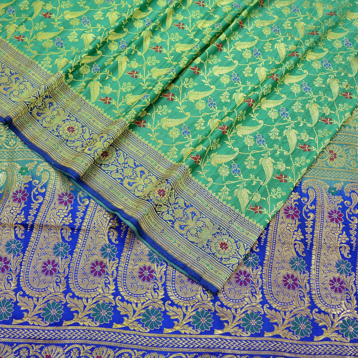 Vintage Sari Royal Blue & Green Heavy Pure Satin Silk Woven Banarasi Brocade Saree Golden Zari 5Yd Dress making Bridal/wedding Sari Crafting