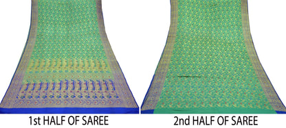 Vintage Sari Royal Blue & Green Heavy Pure Satin Silk Woven Banarasi Brocade Saree Golden Zari 5Yd Dress making Bridal/wedding Sari Crafting