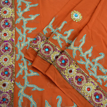 Indian Vintage Heavy Orange Dupatta Pure Georgette Silk Long Stole Hand Embroidered Scarf Zari Zardozi Bridal/ Wedding Veil Hijab