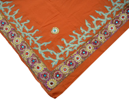 Indian Vintage Heavy Orange Dupatta Pure Georgette Silk Long Stole Hand Embroidered Scarf Zari Zardozi Bridal/ Wedding Veil Hijab