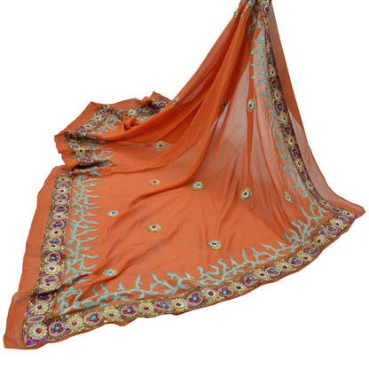 Indian Vintage Heavy Orange Dupatta Pure Georgette Silk Long Stole Hand Embroidered Scarf Zari Zardozi Bridal/ Wedding Veil Hijab