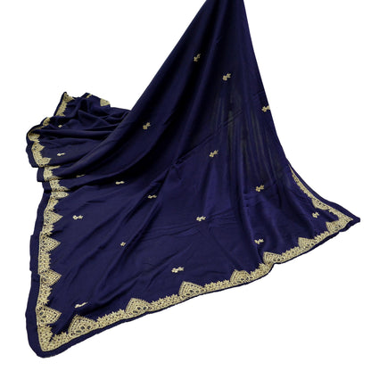 Indian Vintage Heavy Wedding Navy Blue Dupatta Pure Satin Silk Long Stole Hand Embroidered Scarves Golden Zardozi Stole Bridal Veil