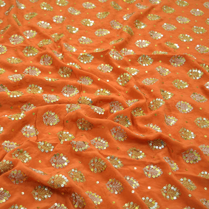 Indian Vintage Orange Saree Pure Crepe Silk Hand Embroidered Sari Craft Fabric 5Yd Sewing Soft Zardozi/Dabka Sequins Wedding/Bridal Sarees