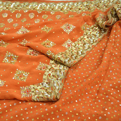 Indian Vintage Orange Saree Pure Crepe Silk Hand Embroidered Sari Craft Fabric 5Yd Sewing Soft Zardozi/Dabka Sequins Wedding/Bridal Sarees