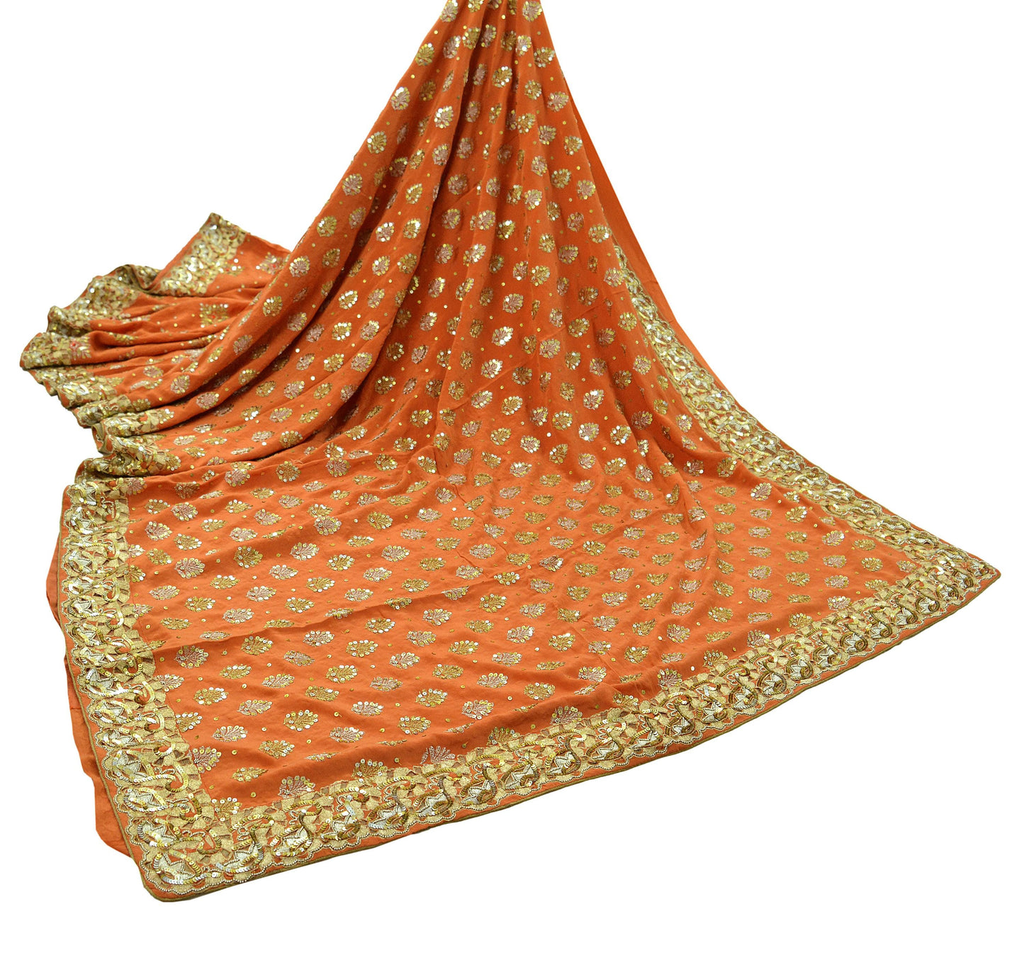 Indian Vintage Orange Saree Pure Crepe Silk Hand Embroidered Sari Craft Fabric 5Yd Sewing Soft Zardozi/Dabka Sequins Wedding/Bridal Sarees